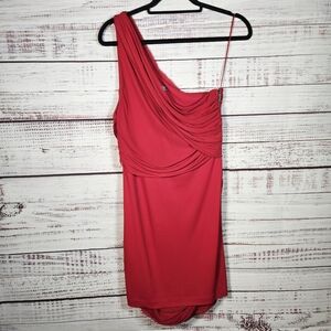 Alice + Olivia red one shoulder silk draped dress